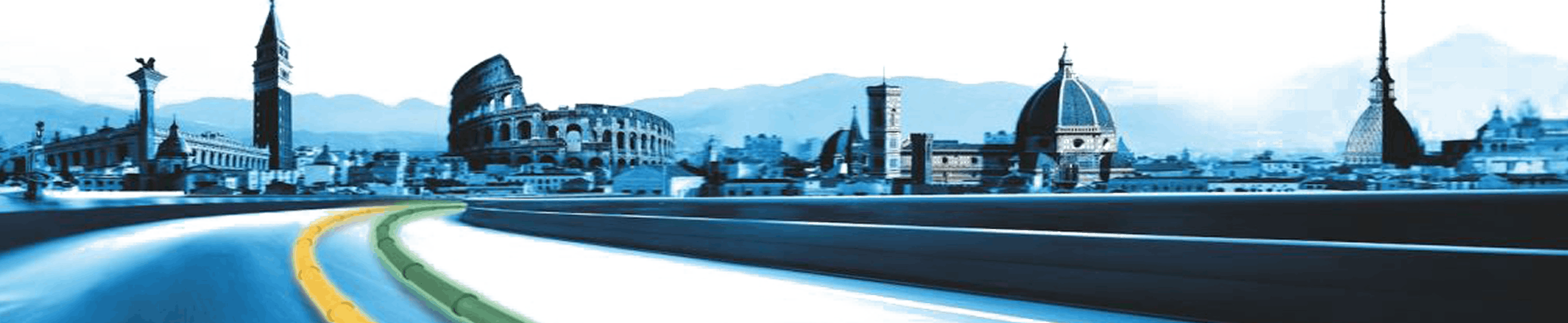 A stylized cityscape featuring iconic landmarks like Italy's Colosseum and Florence's Duomo with a winding road in the foreground, colored in blue tones.