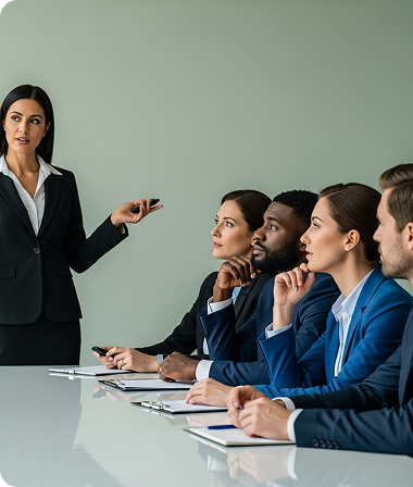 A woman in a black suit presents confidently to four attentive colleagues in a meeting room. The group, dressed in business attire, appears focused and engaged.