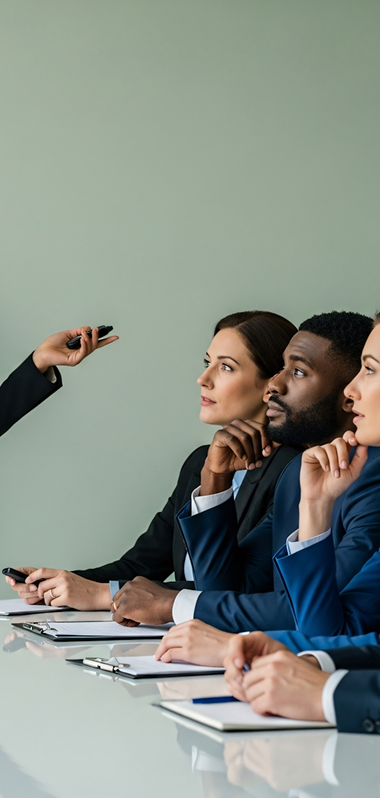 A woman in a black suit presents confidently to four attentive colleagues in a meeting room. The group, dressed in business attire, appears focused and engaged.