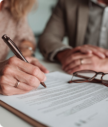 A close-up of a person signing a document with a pen, surrounded by another person's folded hands and reading glasses, conveying focus and formality.