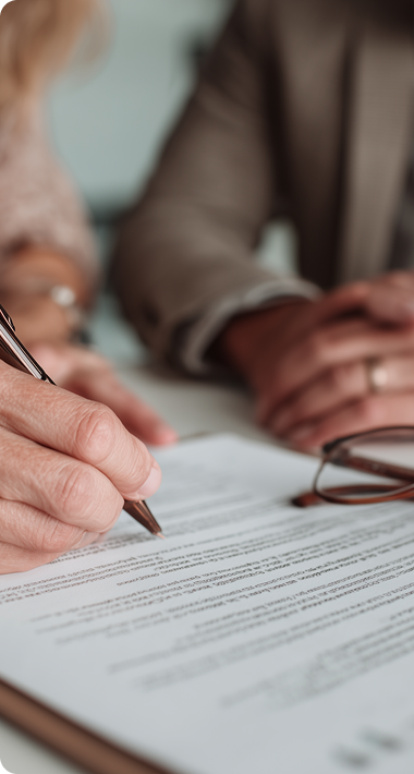 A close-up of a person signing a document with a pen, surrounded by another person's folded hands and reading glasses, conveying focus and formality.