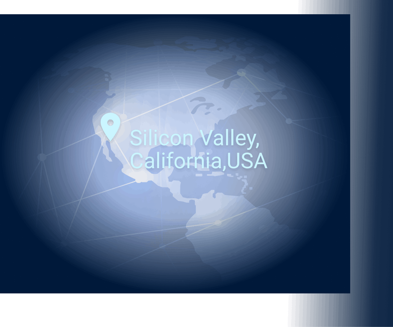 Map highlighting Silicon Valley, California, USA with a location pin. The background shows a dark world map with interconnected lines, conveying a tech theme.